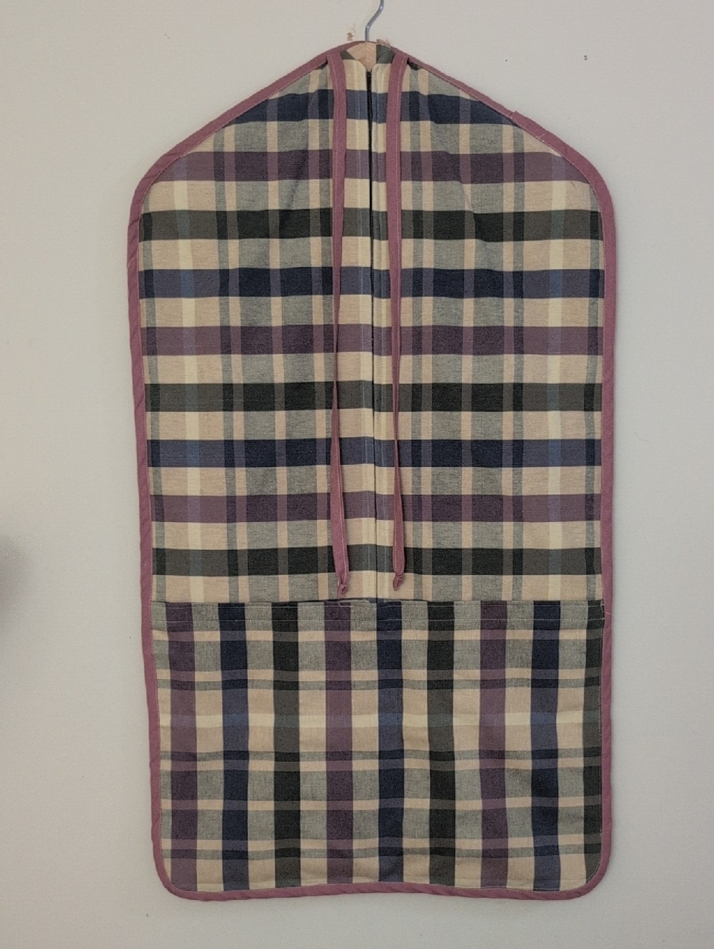 Handmade Plaid Hanging Garment Bag in Cream, Navy & Mauve Satin Lining